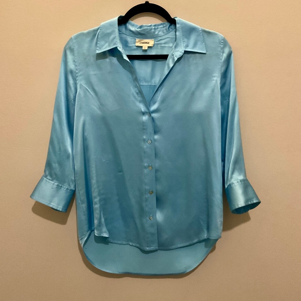 L'Agence Dani Silk Satin 3/4-Sleeve Button-Down Blouse Light Aqua XSmall